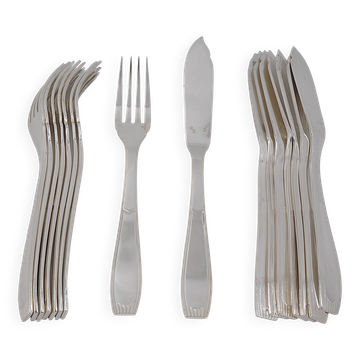 Alfénide Christofle Saigon Art Deco, 8 fish cutlery, 16 pieces.