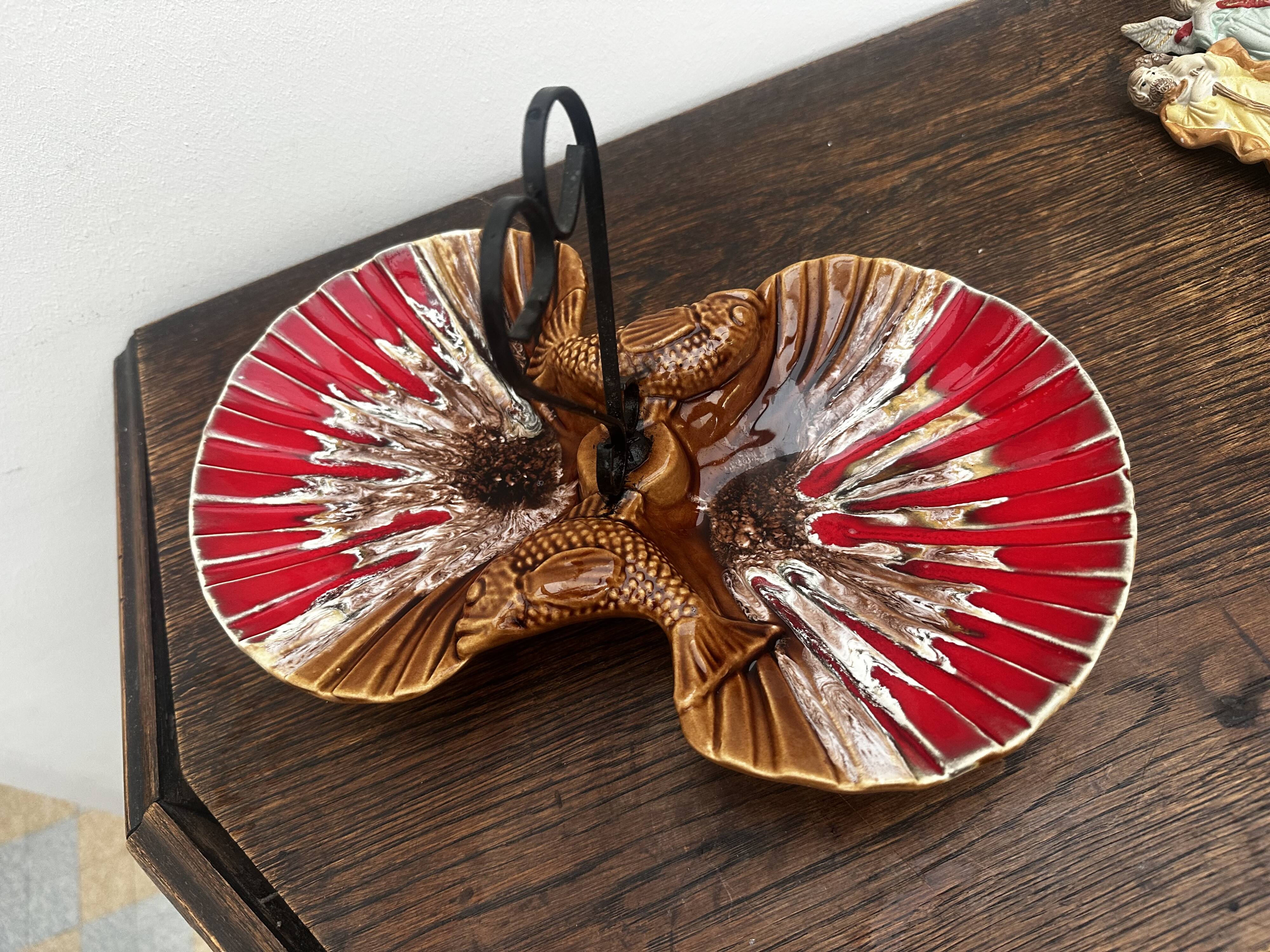 Ceramic hors d'oeuvre server Vallauris shell slipware fish