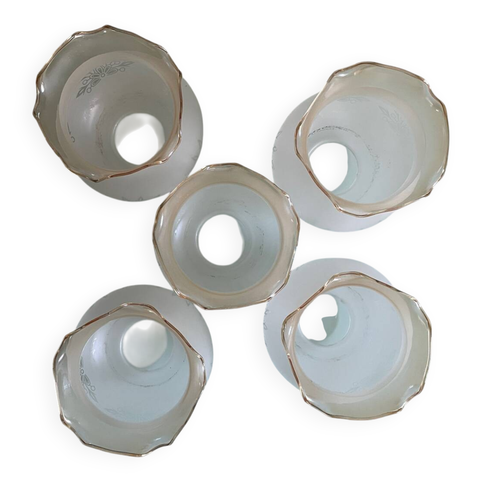 Set of 5 antique frosted glass lampshades with gold trim in Art Deco style