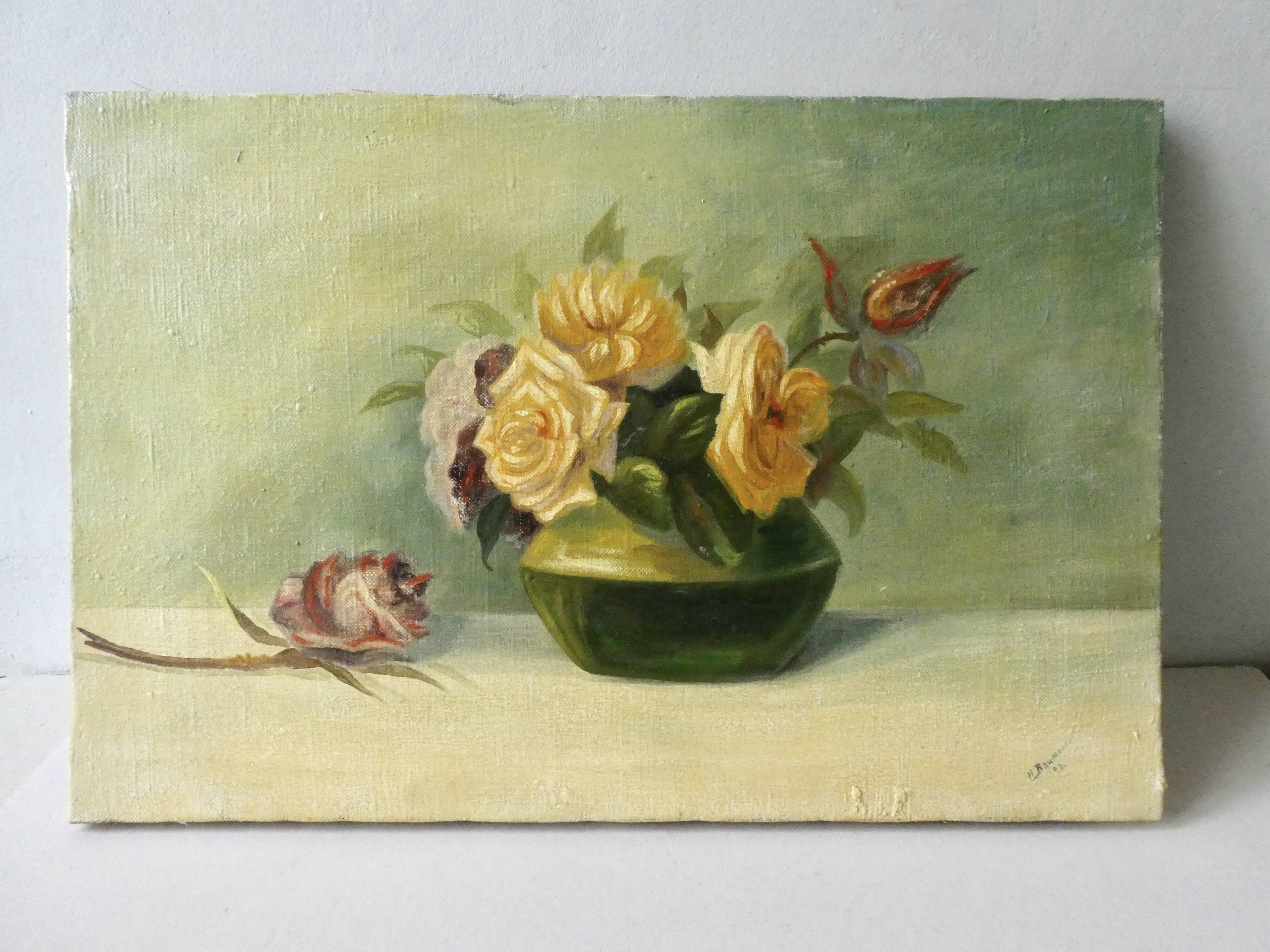 Painting, oil on canvas, bouquet of flowers, roses, 20s