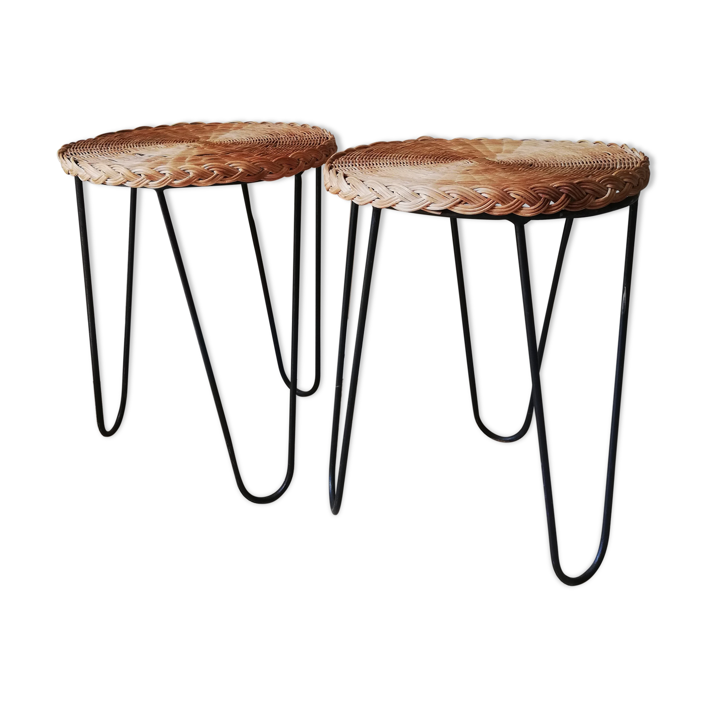 Metal and rattan tripod side table pair