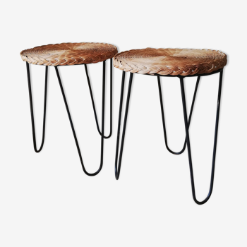 Metal and rattan tripod side table pair