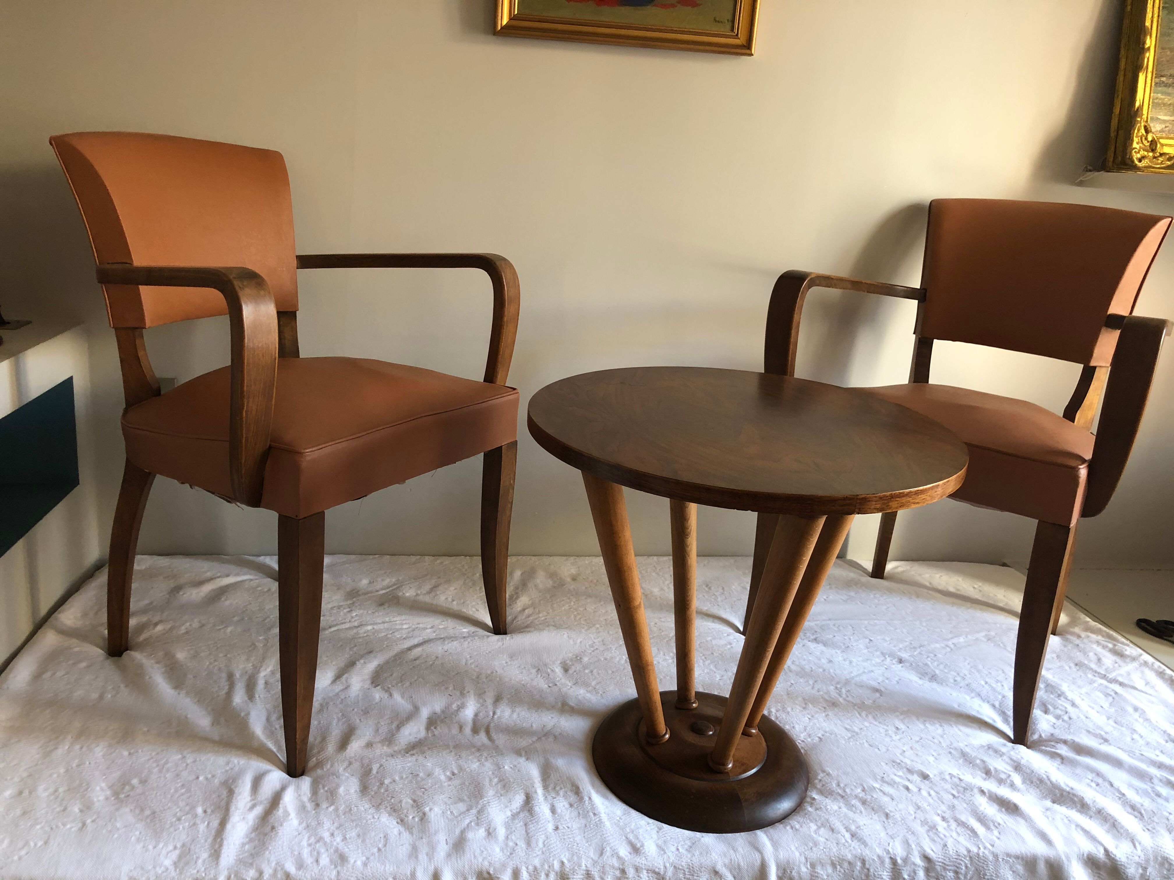 Pair of color wisky wood and skai armchairs 1950