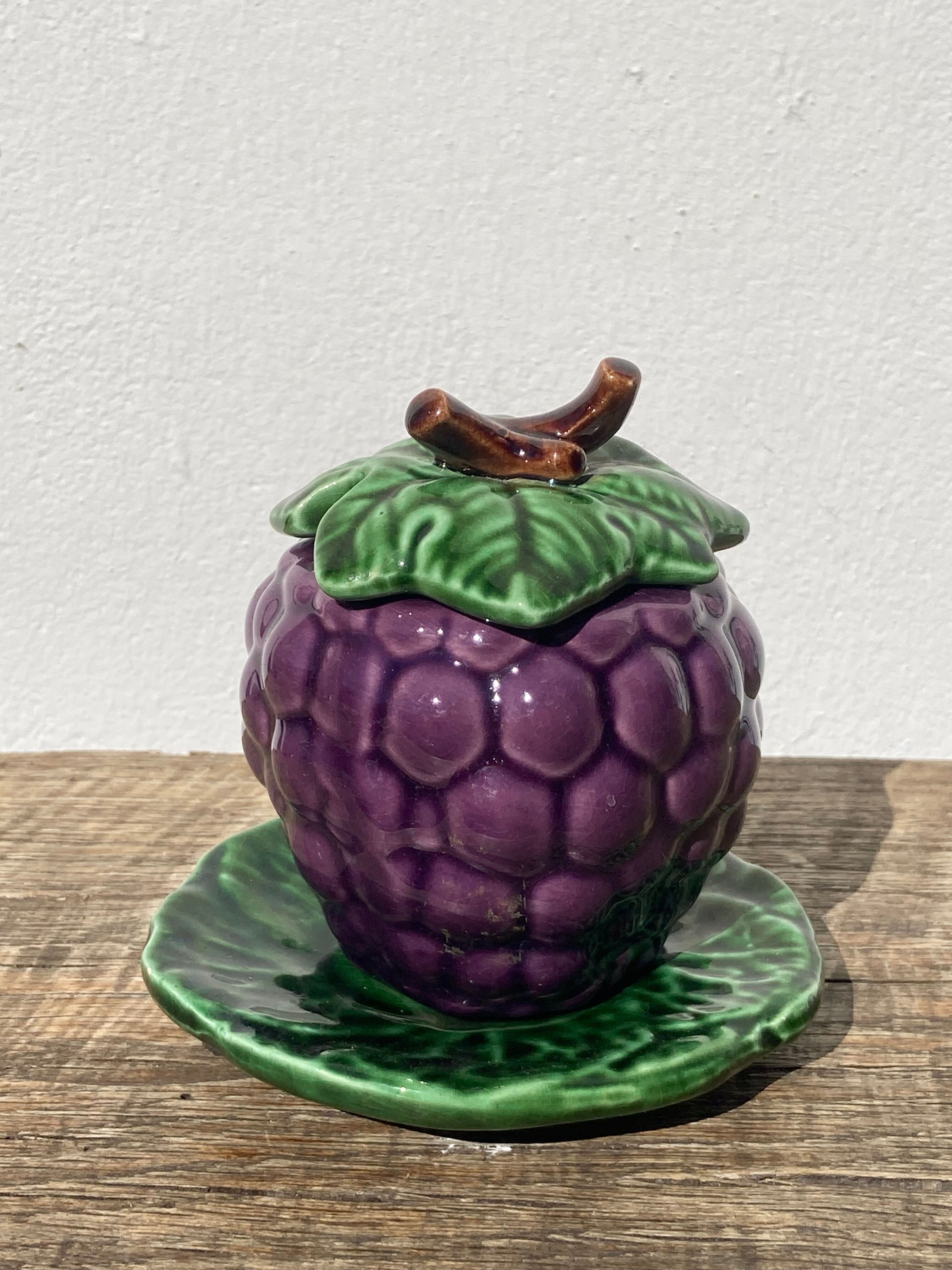 Sweet in Grape Slip or vintage jam maker, green and purple earthenware ceramics