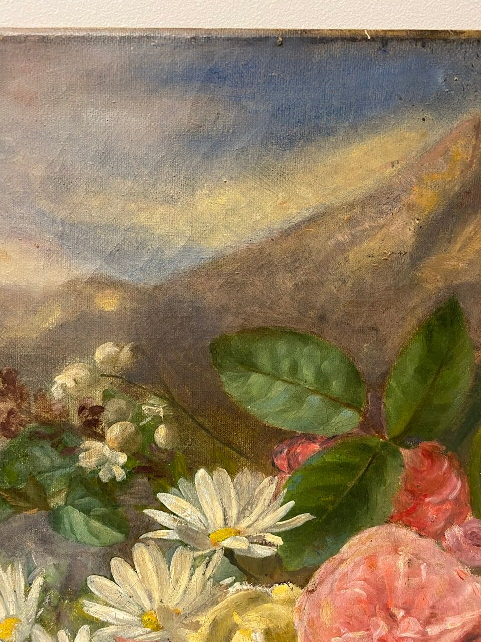 Old painting, still life with daisy roses and wild flowers, signed, early XX century