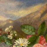 Tableau ancien, nature morte aux roses pâquerettes et fleurs sauvages, signé, début XX siècle