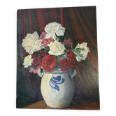 Bouquet of roses, burgundy background, oil on panel 1951