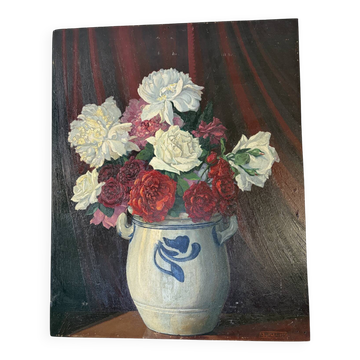 Bouquet de roses, fond bordeaux, huile sur panneau 1951