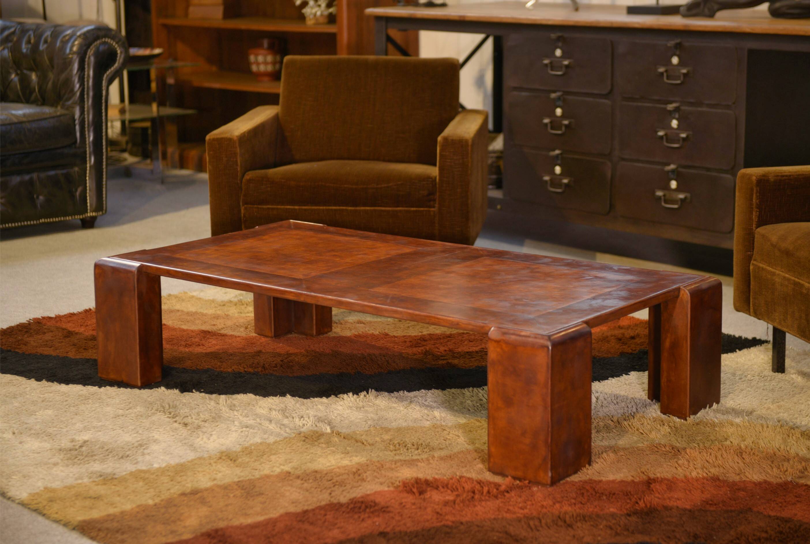 Patinated leather coffee table from the 1950s.