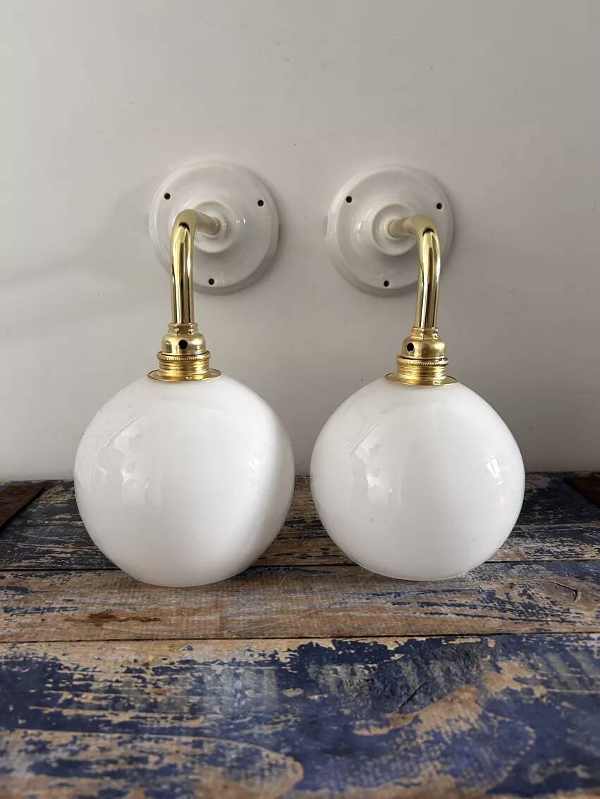Pair of vintage white opaline wall lights