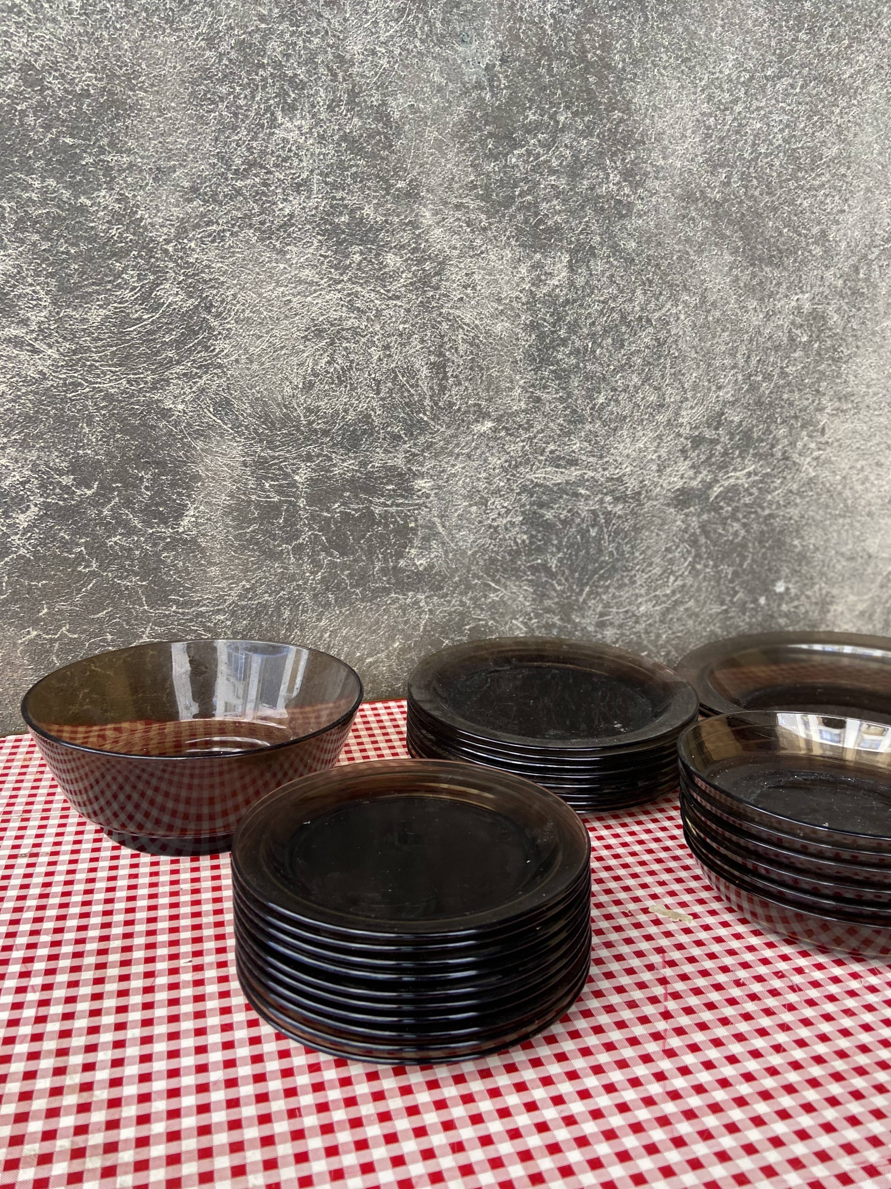 Set of smoked glass tableware 70s
