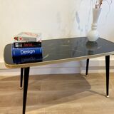Black glass coffee table wooden legs 60s