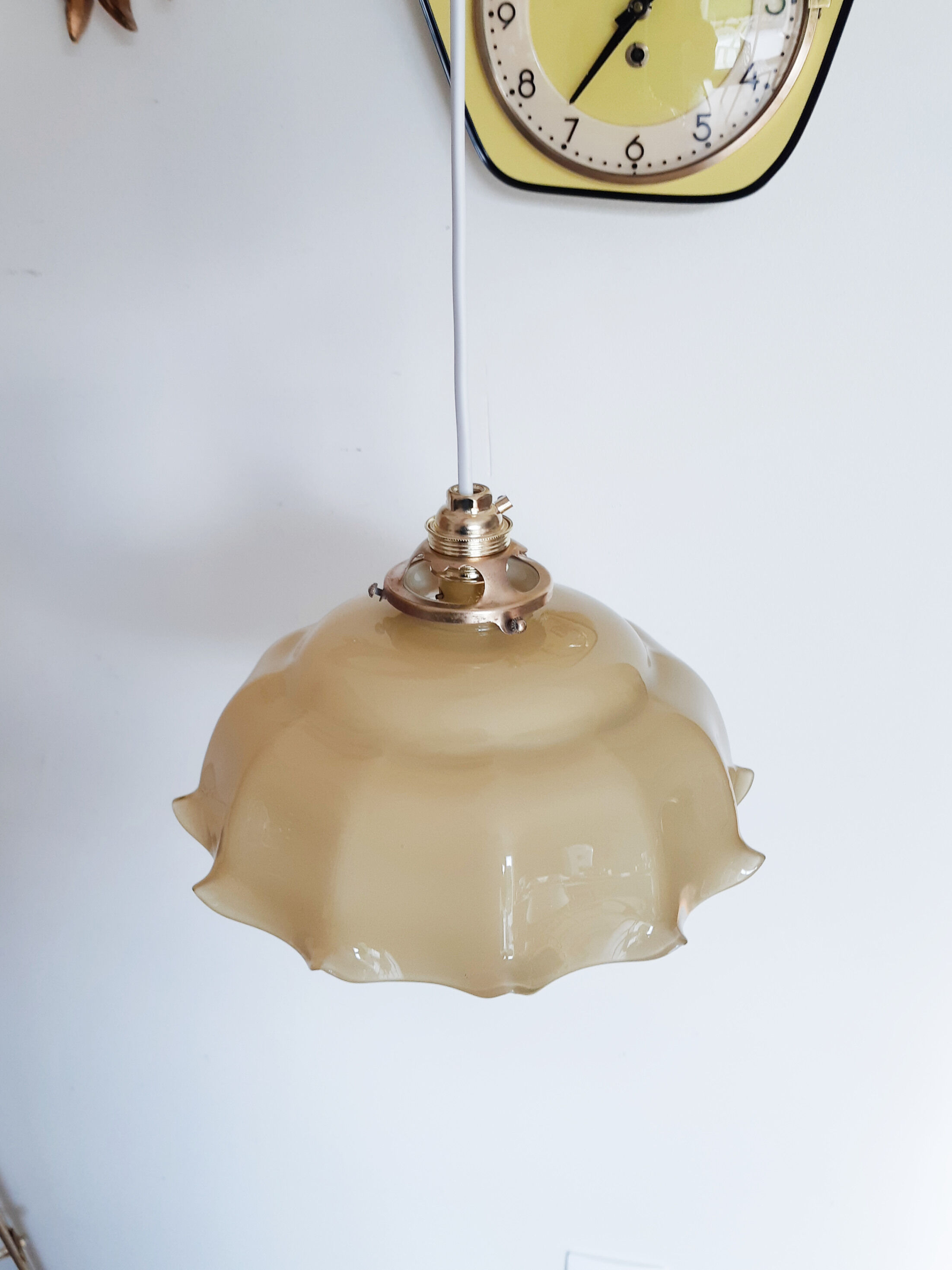 Pendant lamp chandelier, vintage yellow and white glass luminaire, petticoat shape, vintage french