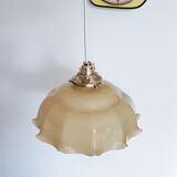 Pendant lamp chandelier, vintage yellow and white glass luminaire, petticoat shape, vintage french