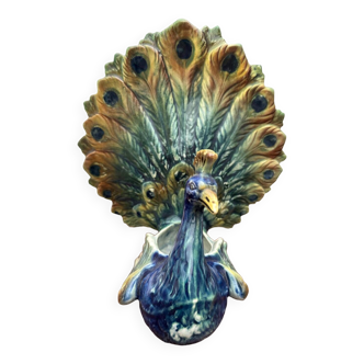 Paon - vase en Majolique Antique du 19 e Siècle- Majolica Peacock