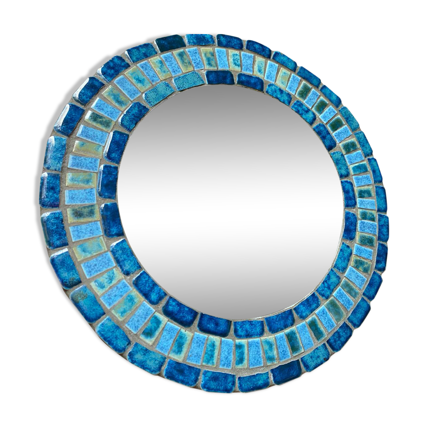 Round ceramic mirror with blue mosaic decor circa 1960