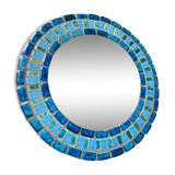 Round ceramic mirror with blue mosaic decor circa 1960