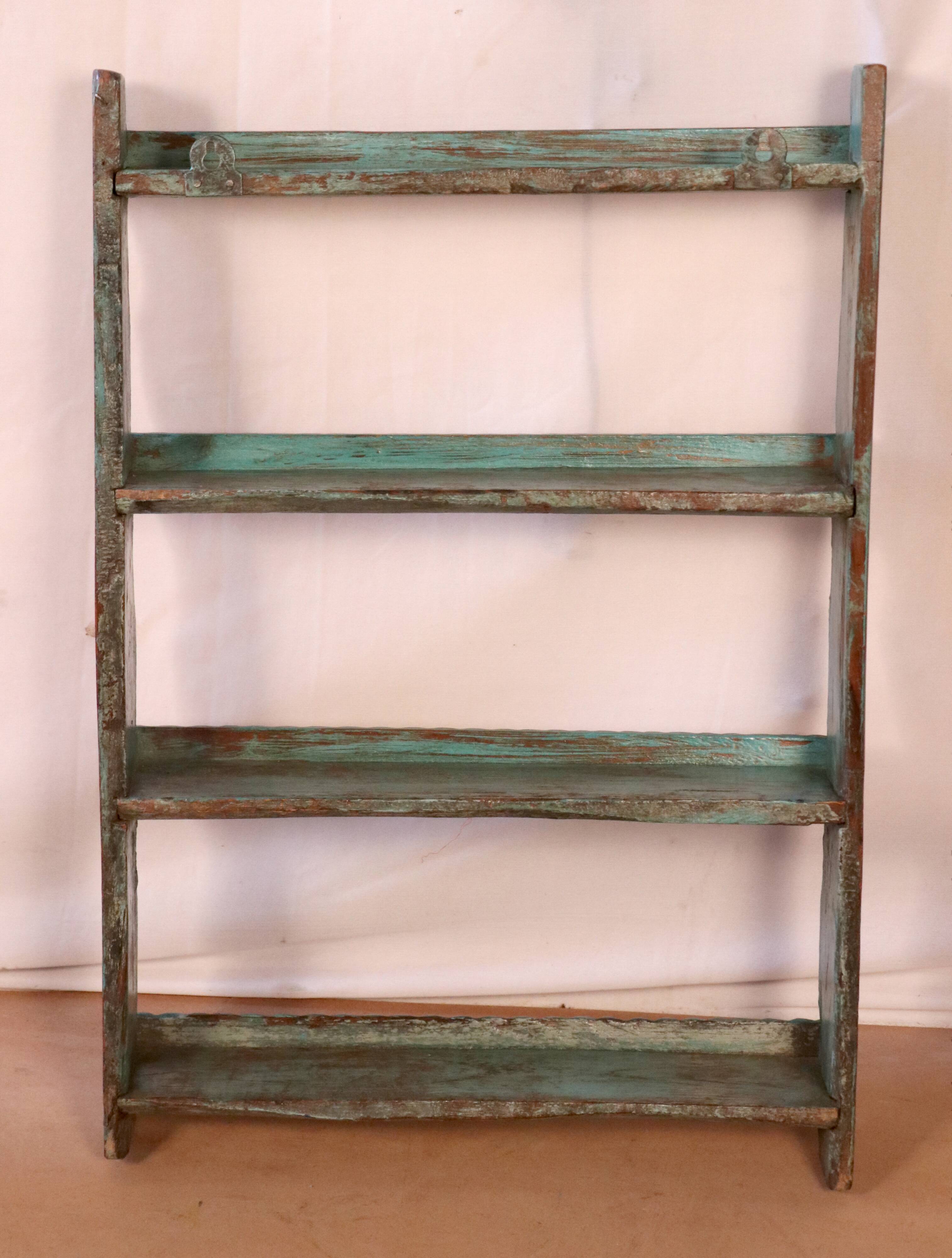 Old Burmese teak wall shelf original blue patina