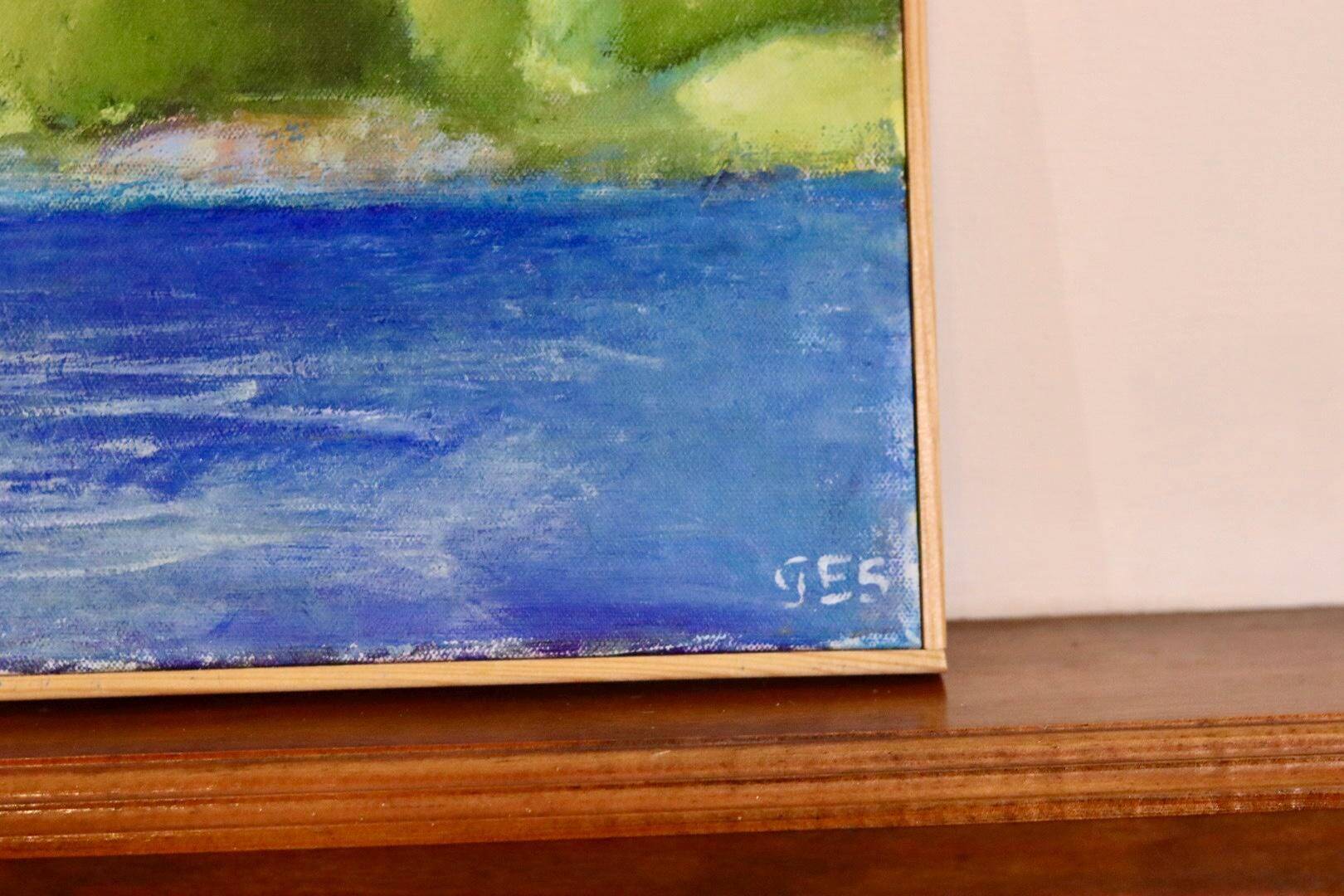 Original Swedish oil on canvas from the mid-century "Coast" vintage and framed.