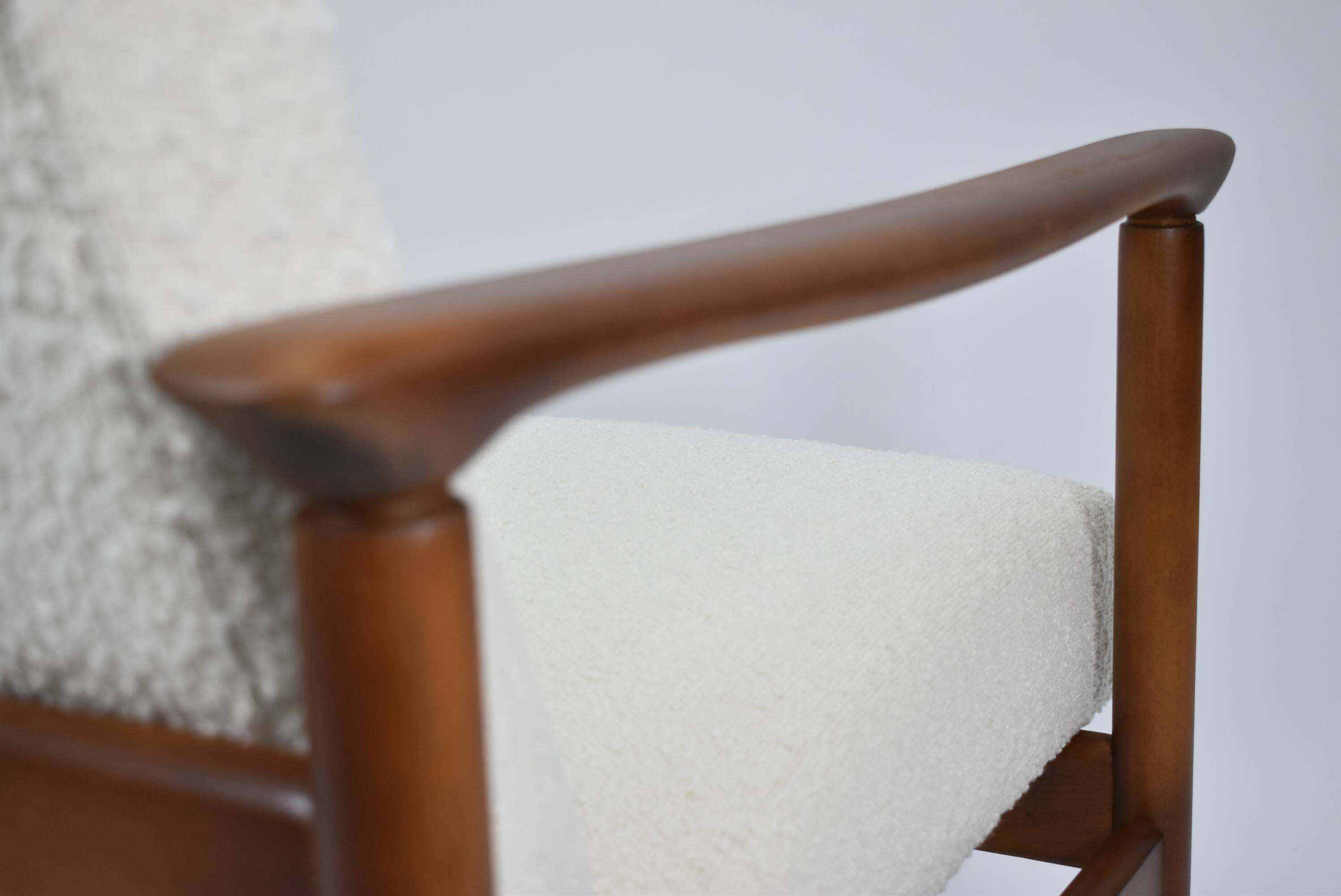 Original vintage armchair, 1960s, designer E.Homma, restored, white bouclé