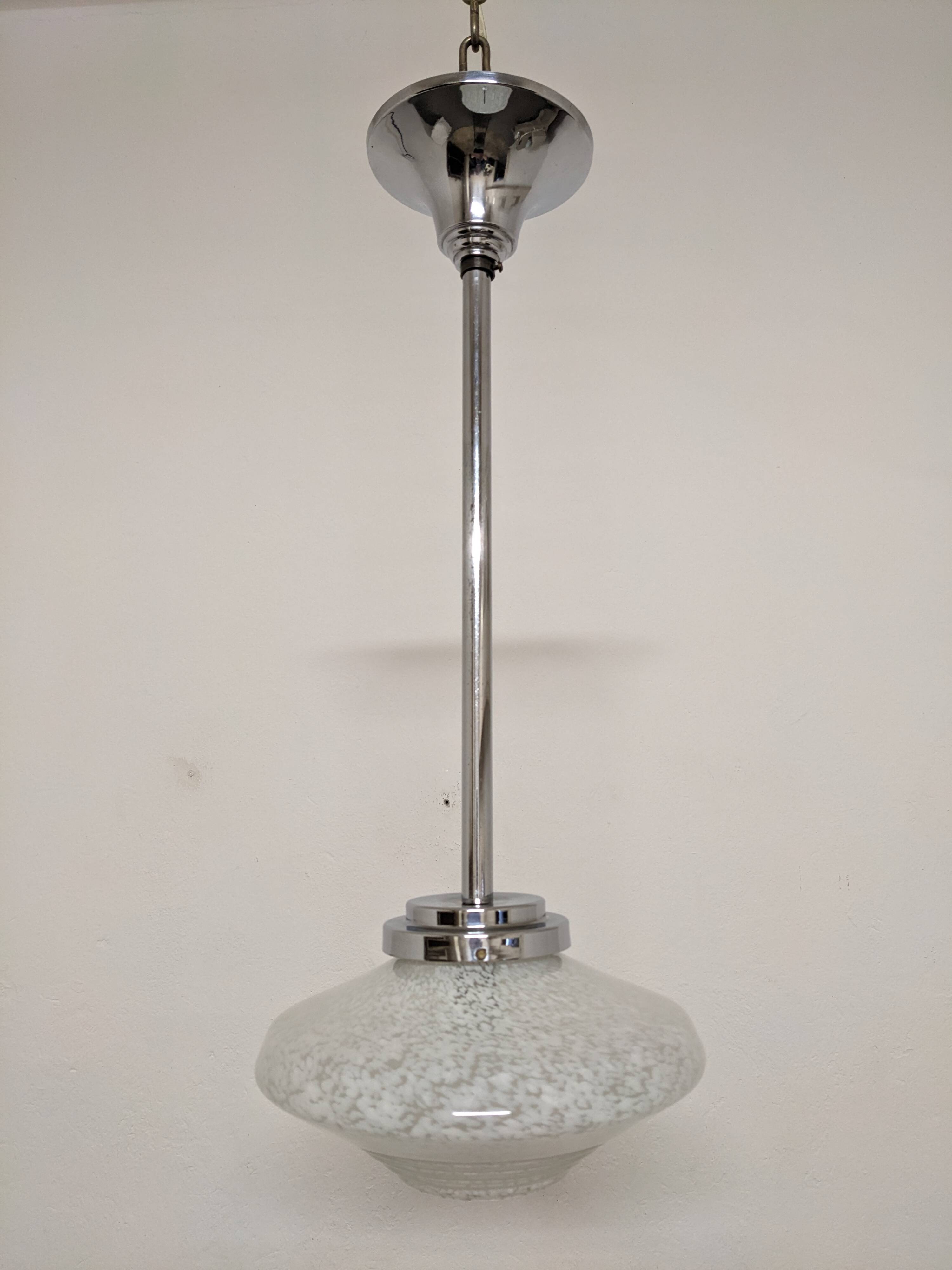 Art Deco glass suspension from Clichy, speckled white, France circa 1920.