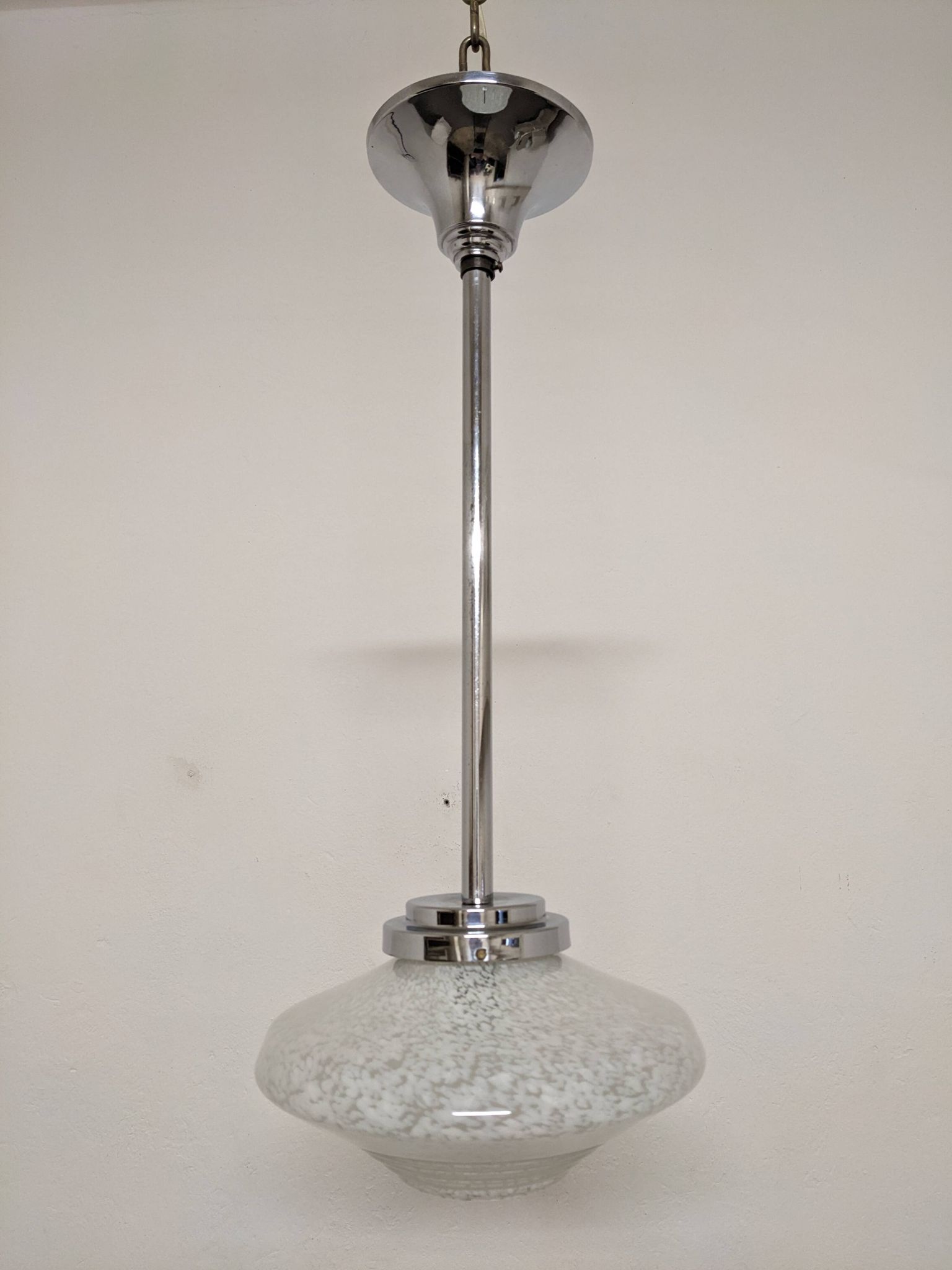 Art Deco glass suspension from Clichy, speckled white, France circa 1920.