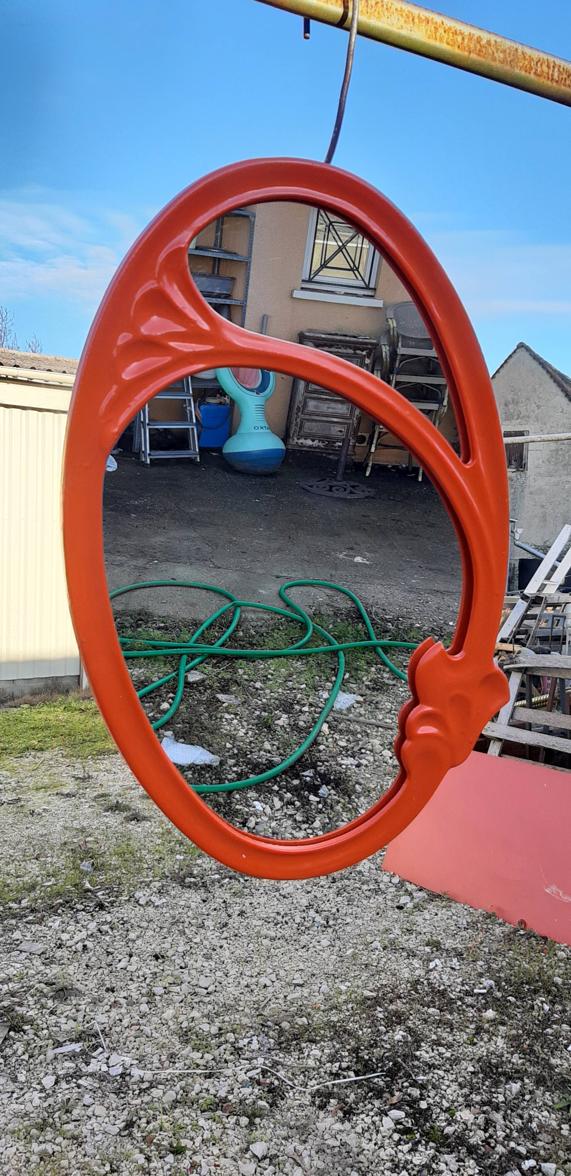 Vintage mirror enamelled cast iron orange