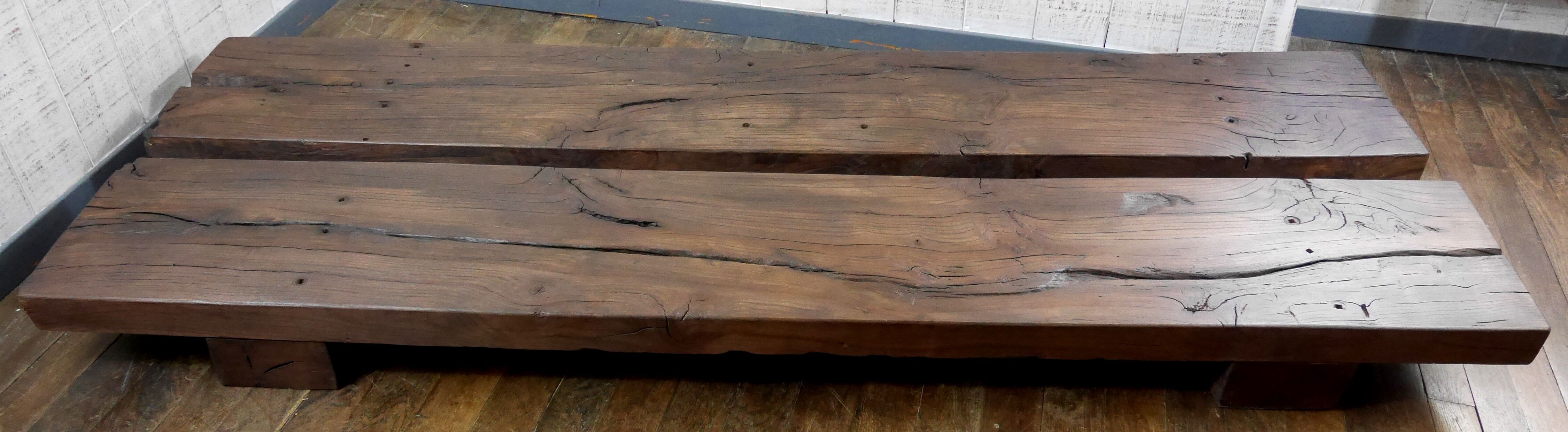 pair long coffee table solid wood brutalist