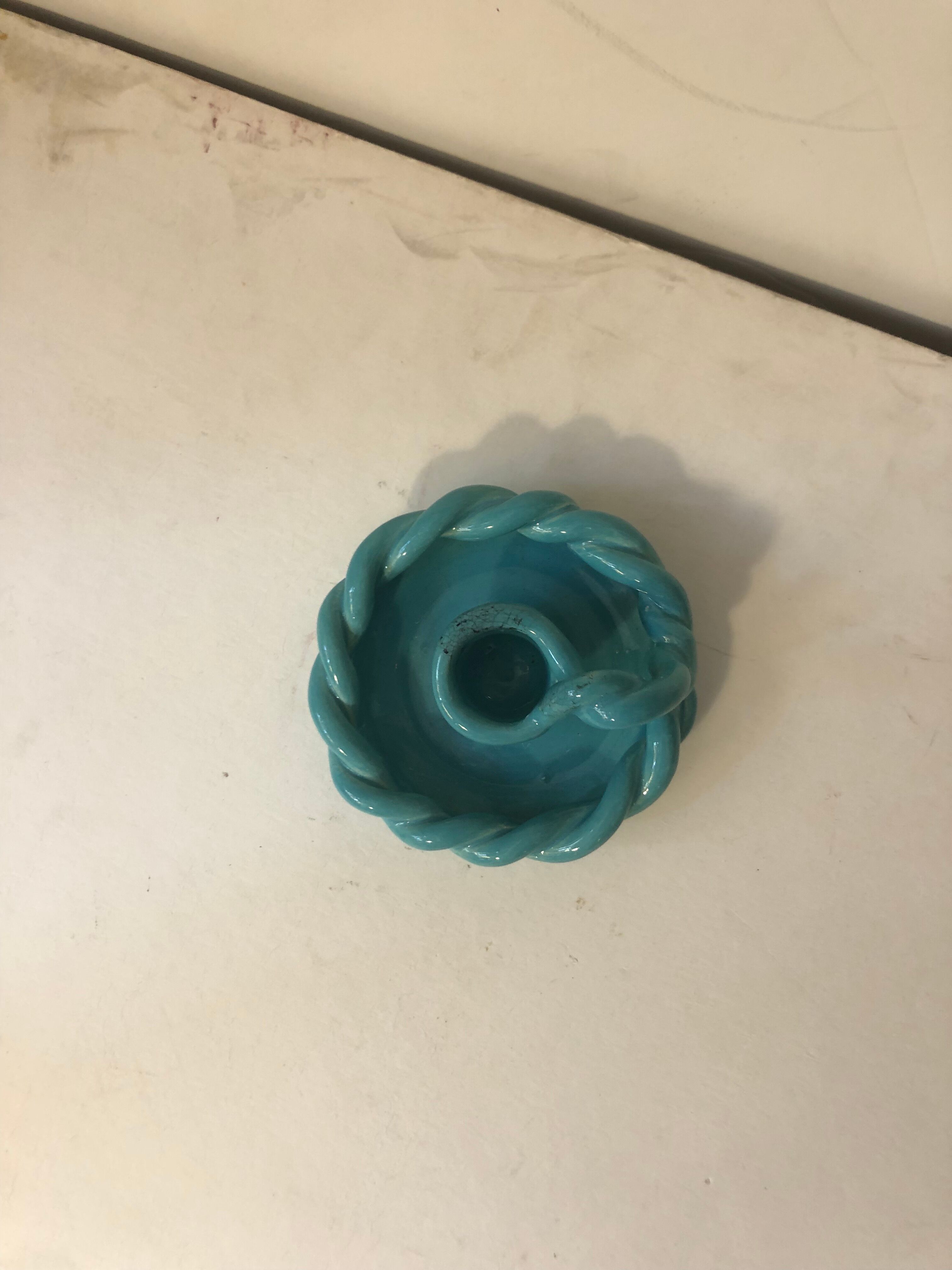 Turquoise earthenware candle holder and ashtray