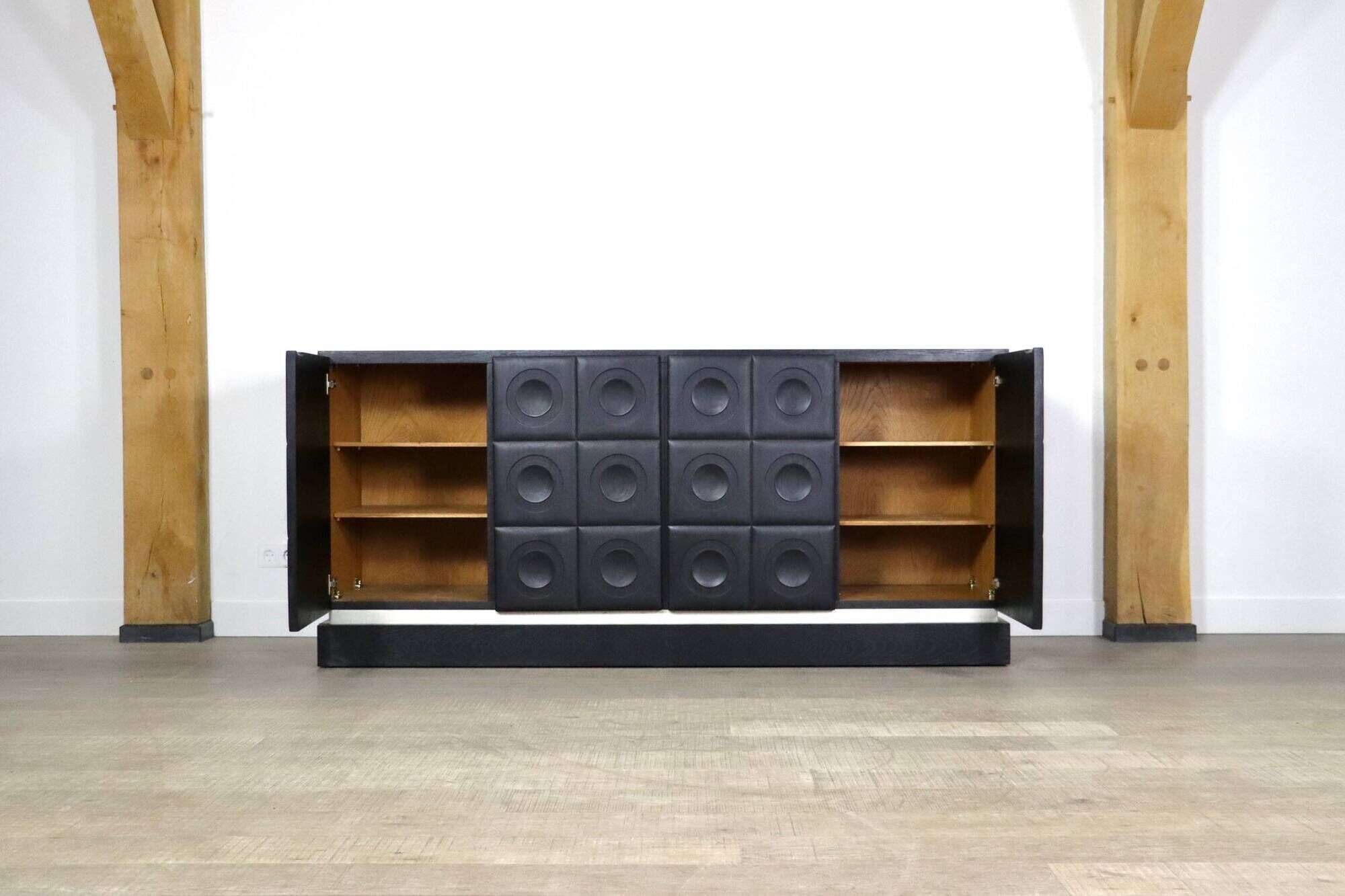 Midcentury Modern Brutalist Sideboard In Black Carved Wood And Chrome, Belgium, 1970s