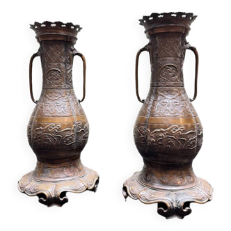 Pair Of Patinated Bronze Vases In Archaic Chinese Style, 18th Century