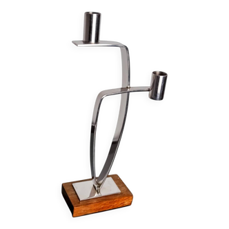 Candlestick in stainless steel and rosewood, 2 flames, Denmark, 1970s