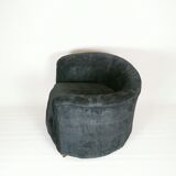 19th century black upholstered victorian tub chair on brass casters