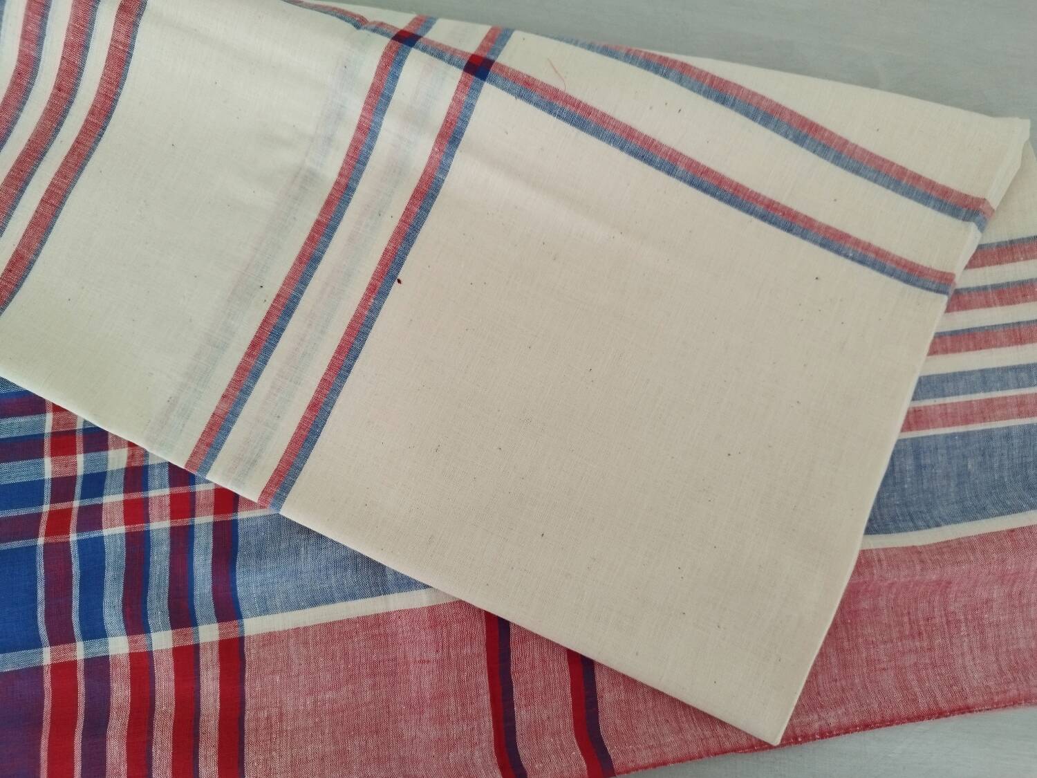 Square cotton tablecloth vintage red and blue checks and stripes