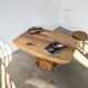 Organic brutalist coffee table in solid cedar, trunk pedestal, 1970s.
