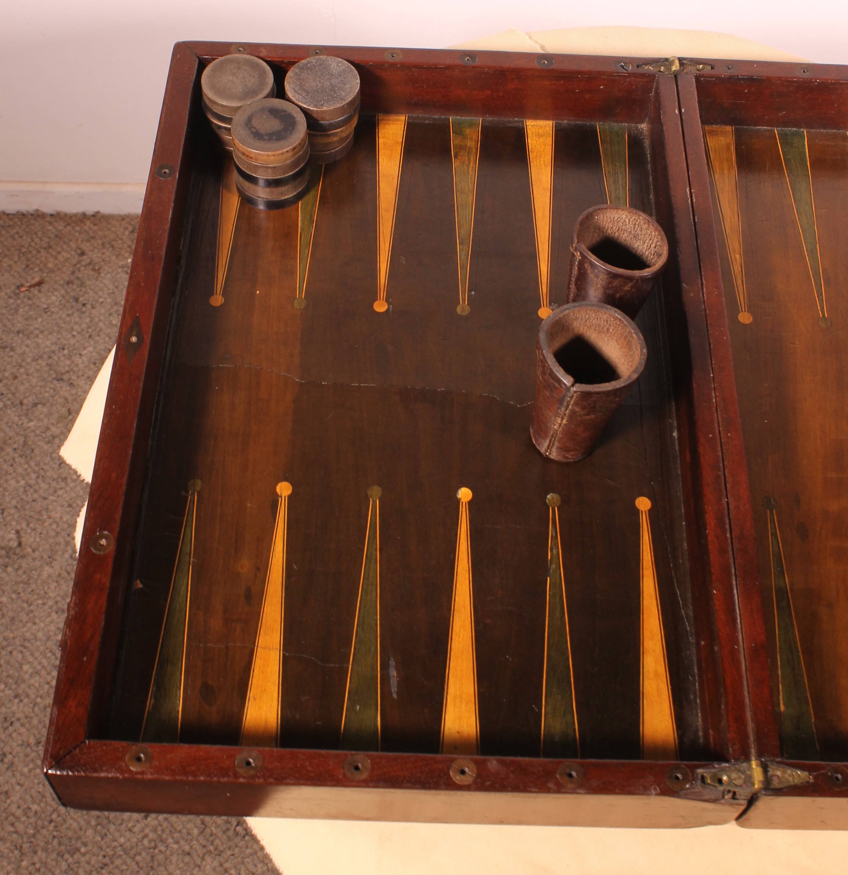 19th century games box in walnut and boxwood