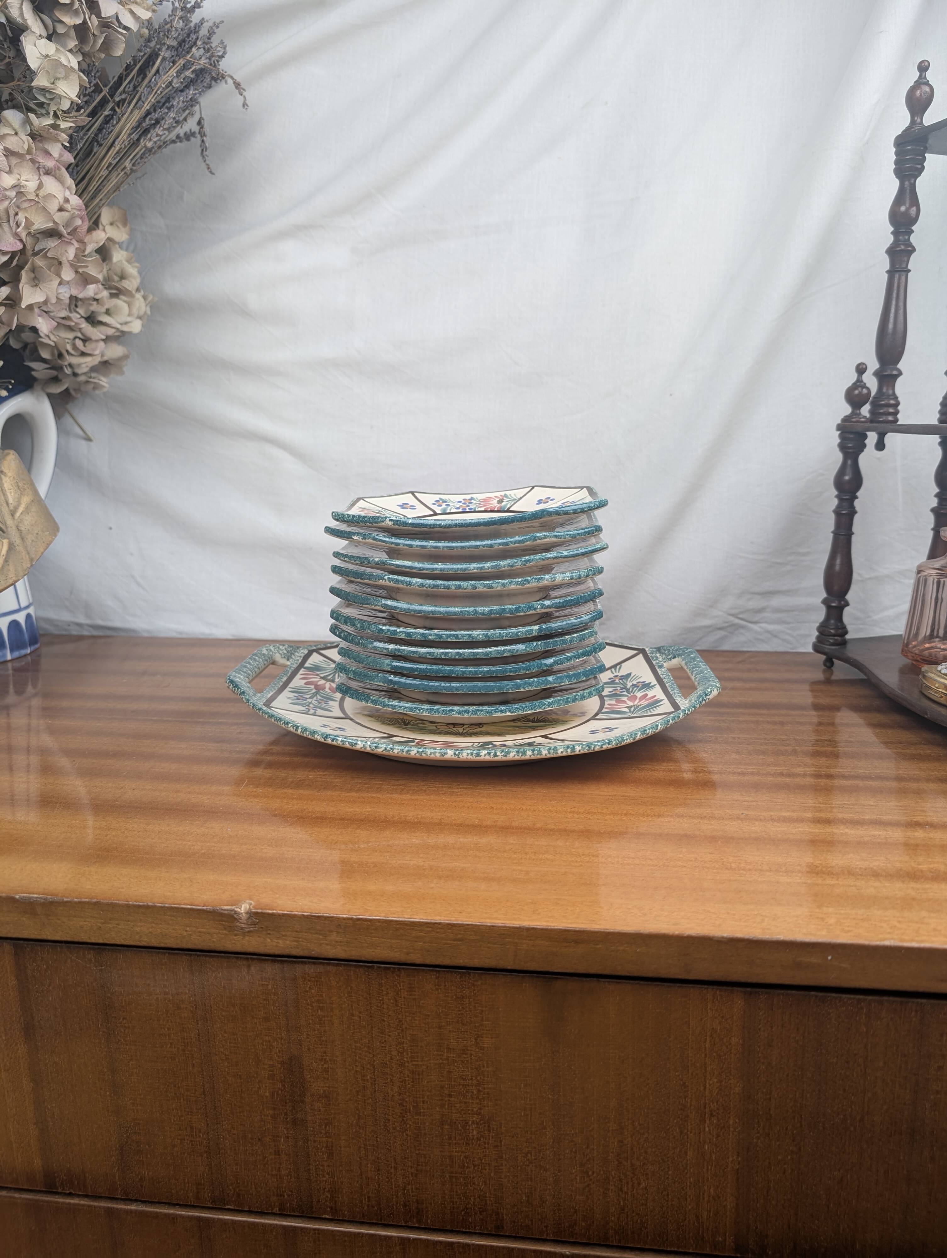 Henriot Quimper RM Octagonal Dessert Service Breton Couple Art Deco Style