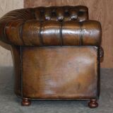 Restored leather Chesterfield sofa, walnut legs.