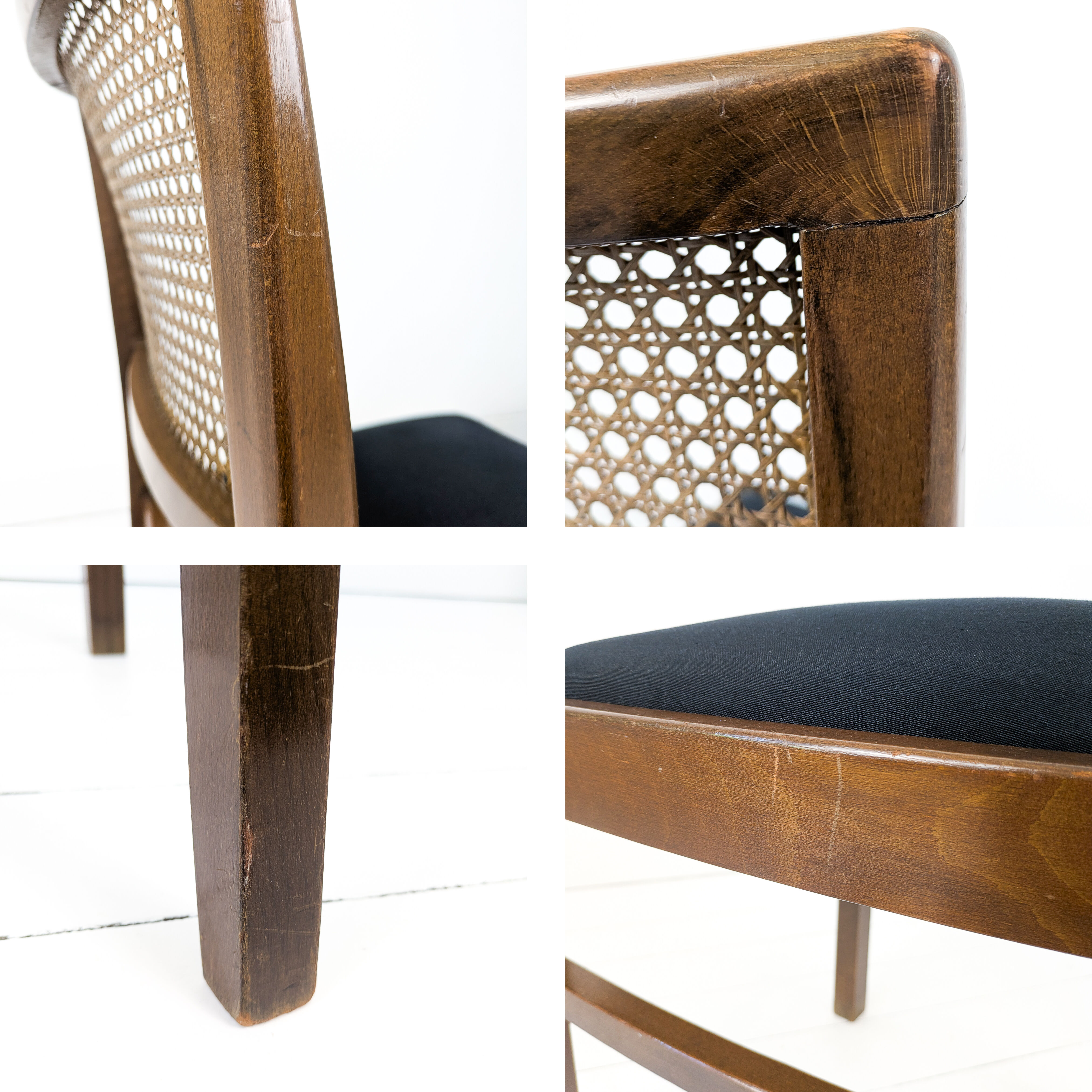 Lot de 4 chaises vintage en bois, cannage viennois et assise noire