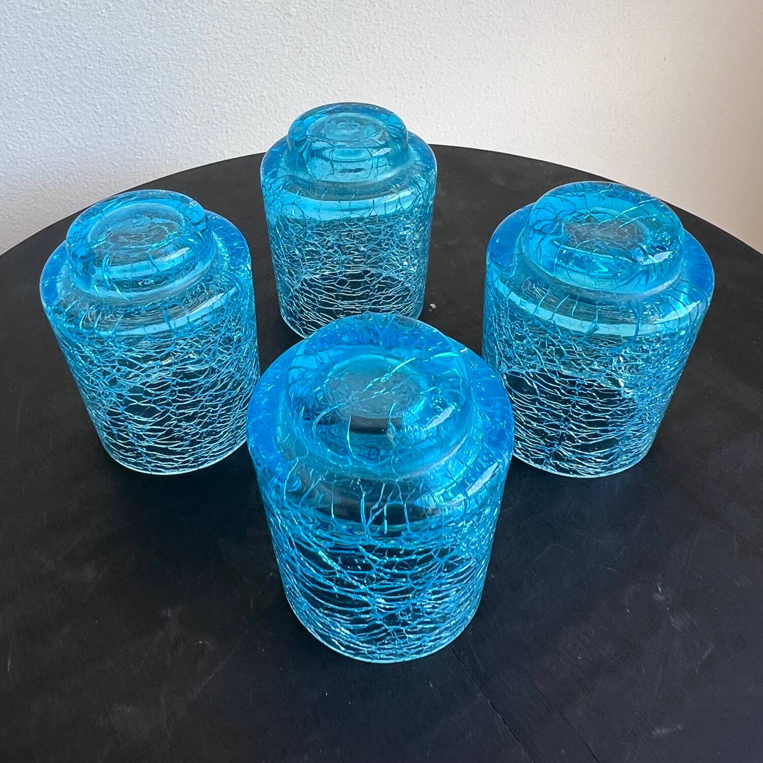 Set of 4 vintage azure blue crackled glass vases – ref. 7239