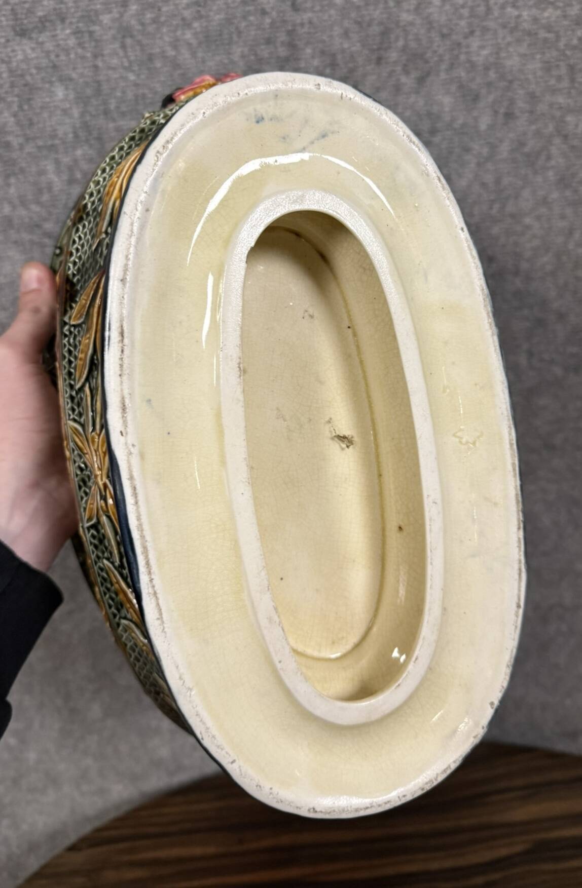 Large planter in colored slip with antique decoration