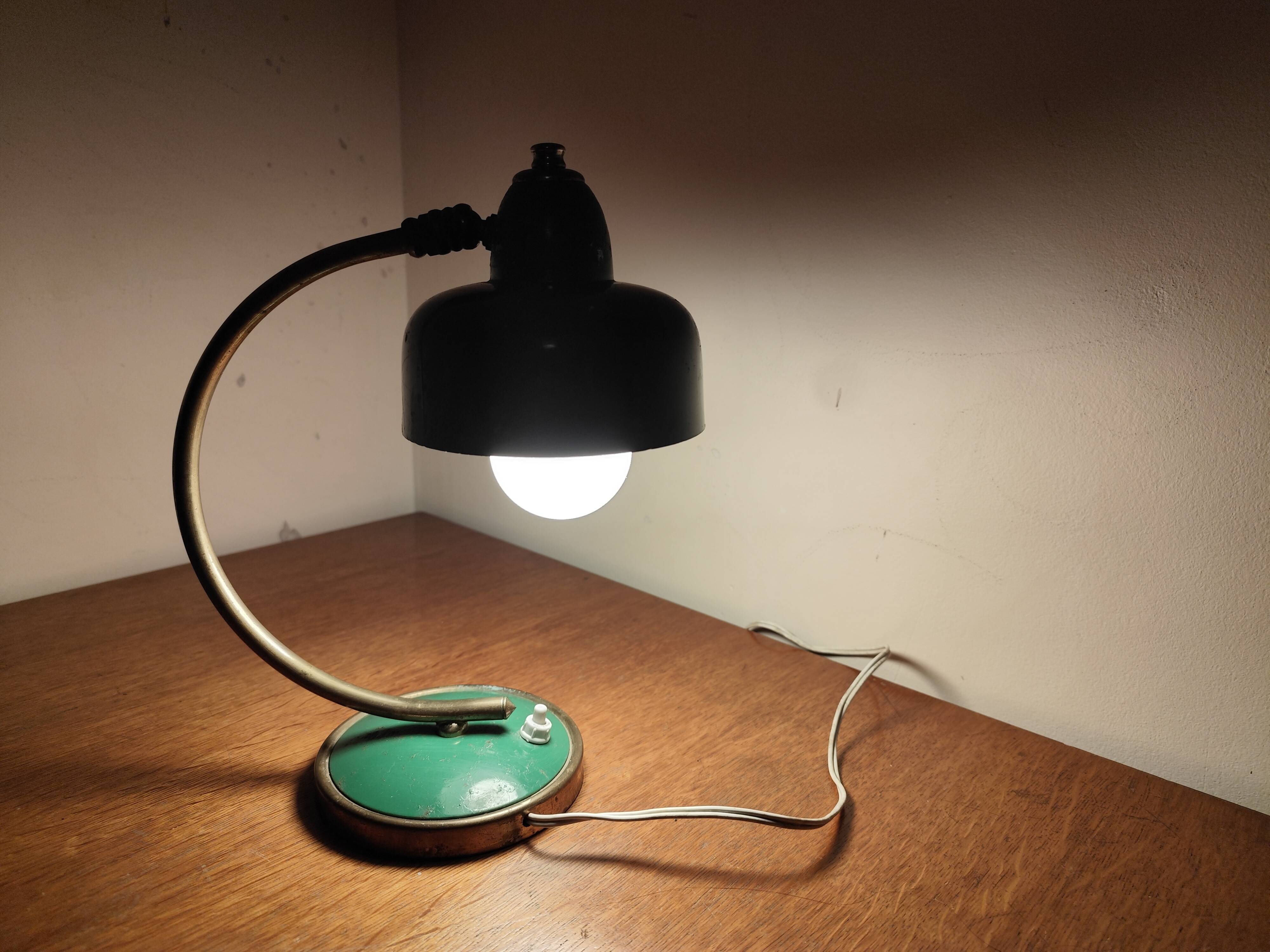 Vintage Scandinavian Art Deco desk lamp from the 40s, golden brass, retro, moon shape, swan neck