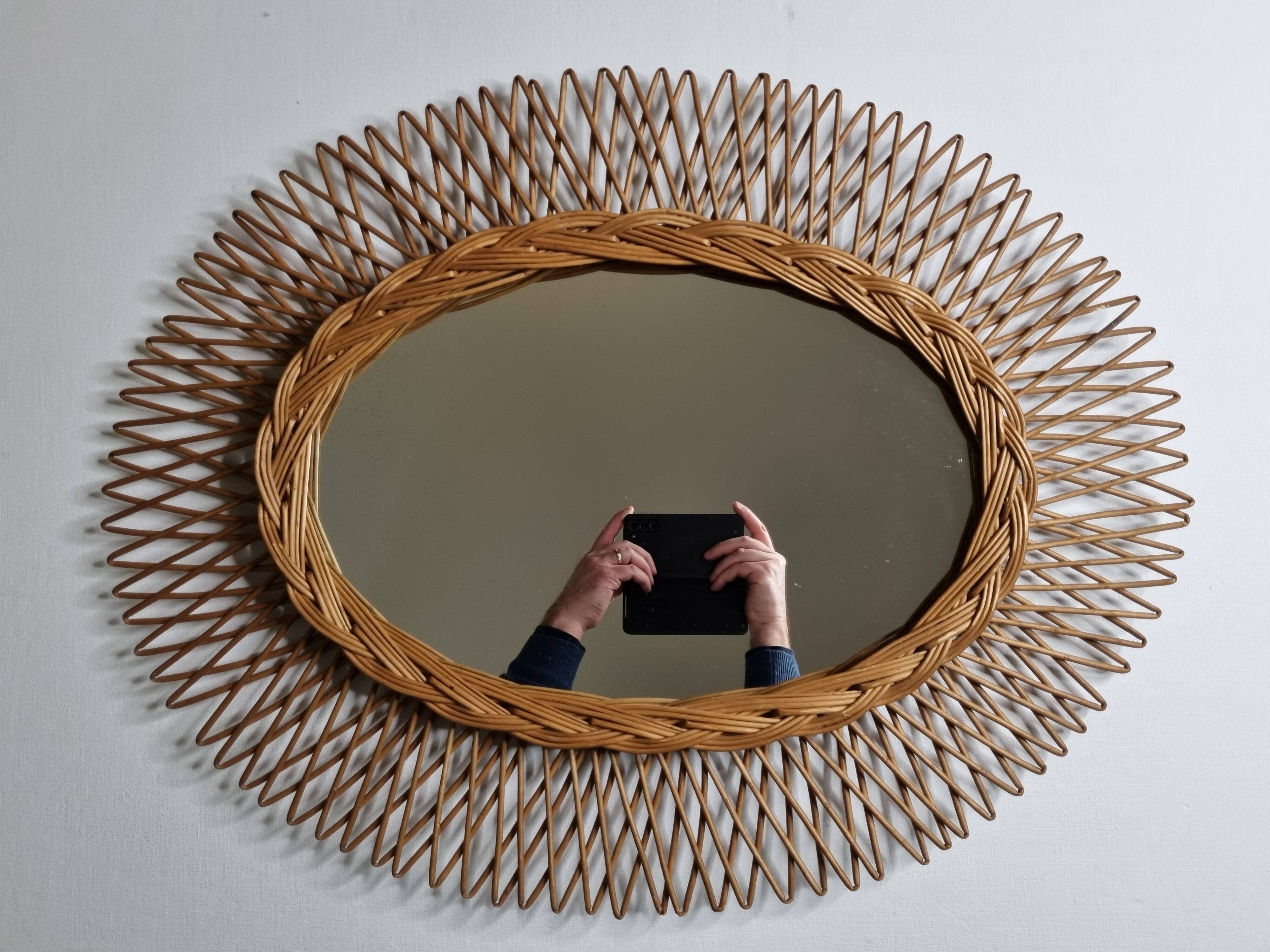 Original vintage rattan mirror, oval shape, 70 cm