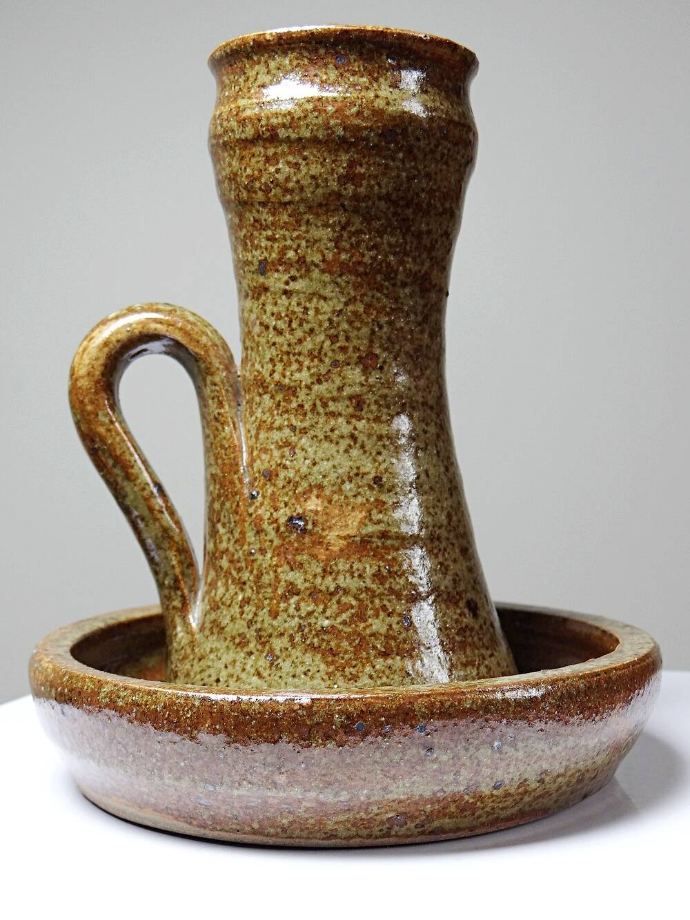 Large hand-held candle holder in handcrafted stoneware in the style of Baudat, La Borne, vintage