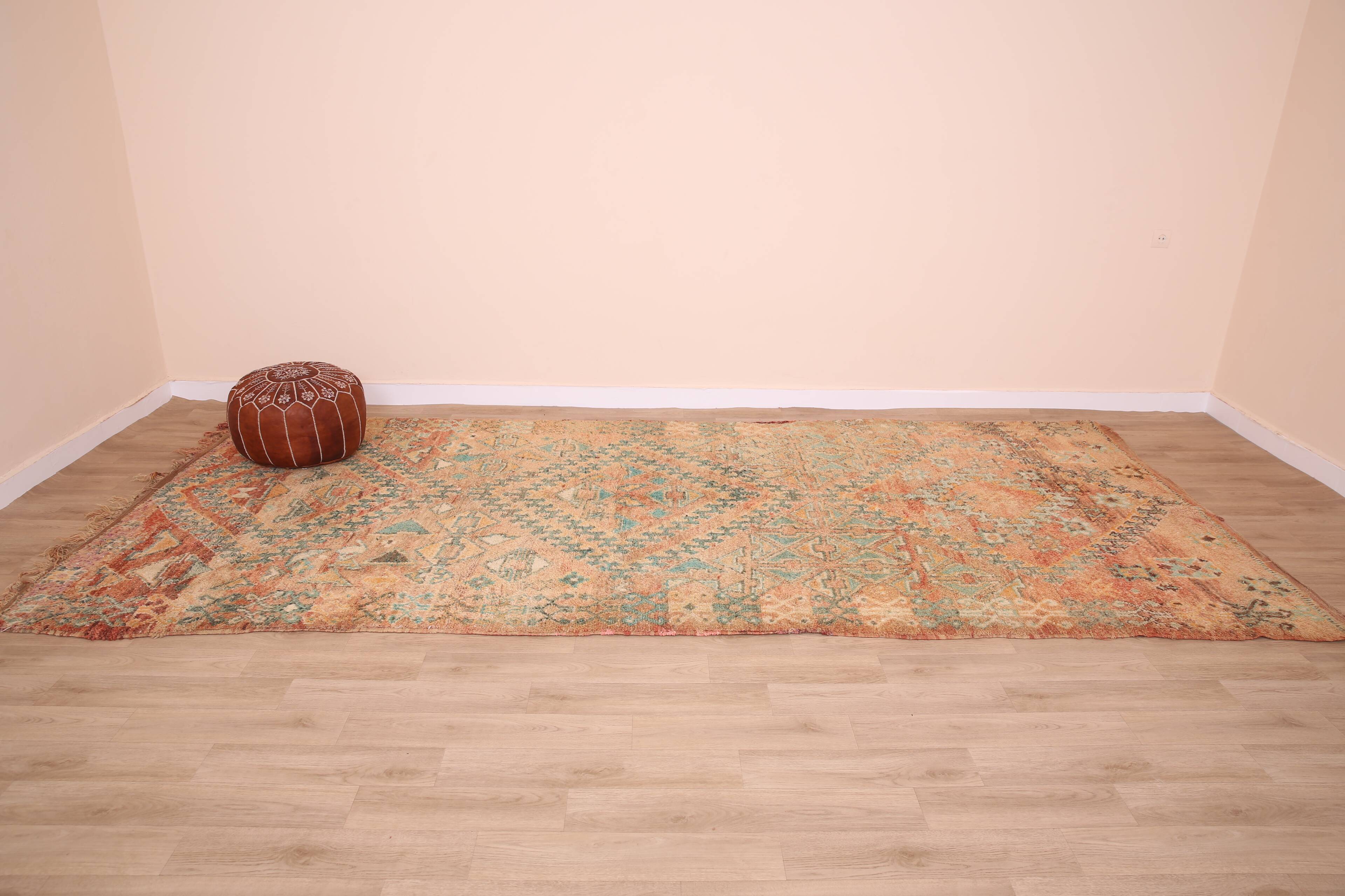 Peach Vintage Moroccan Rug 173 x 383 cm, Berber Wool Rug, Handmade Boho Rug