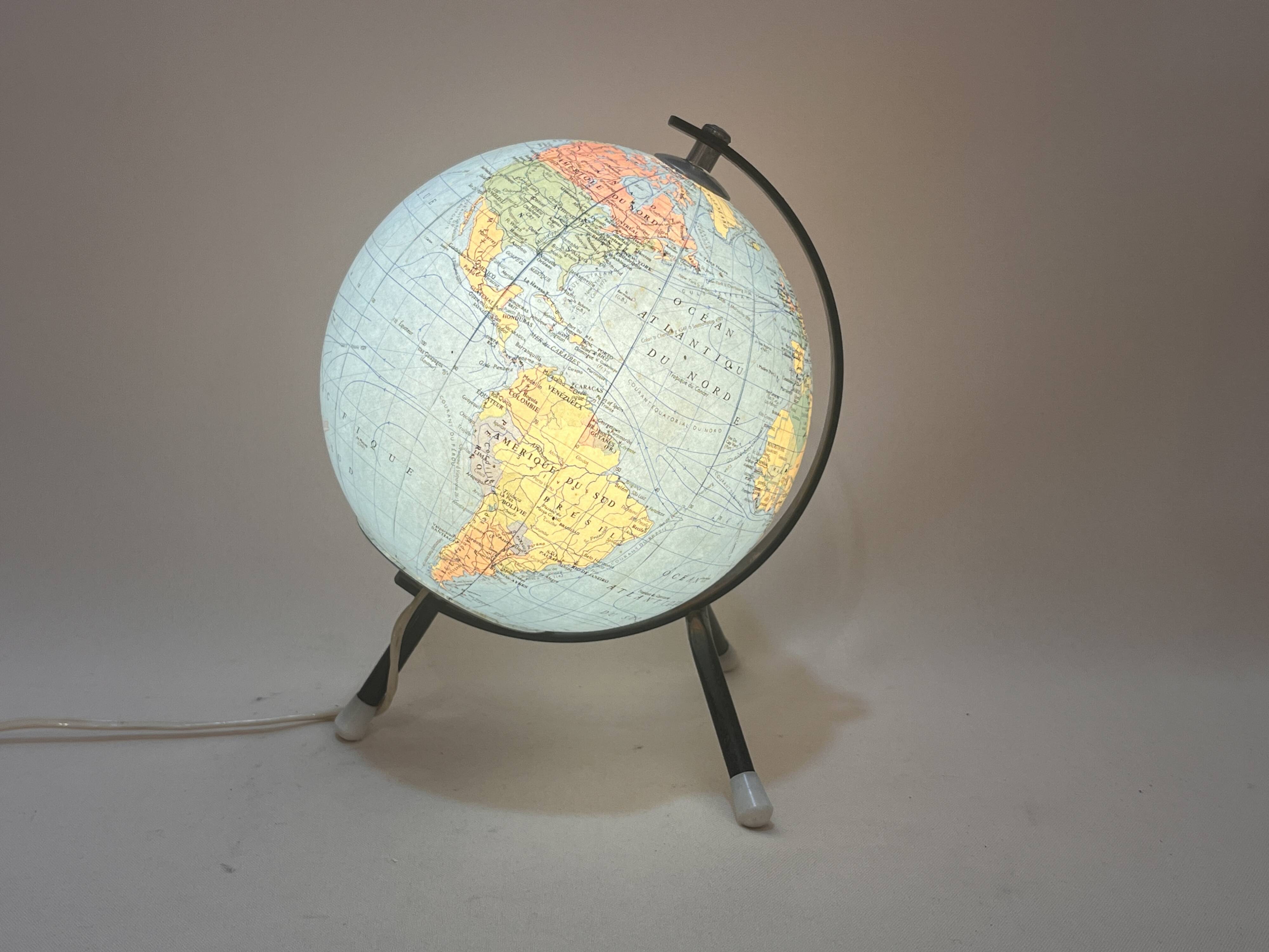 Terrestrial globe 1960 Tripod Taride luminous in vintage world map glass