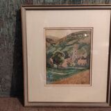 Vintage watercolour of a village in the mountains, signed Barclay
