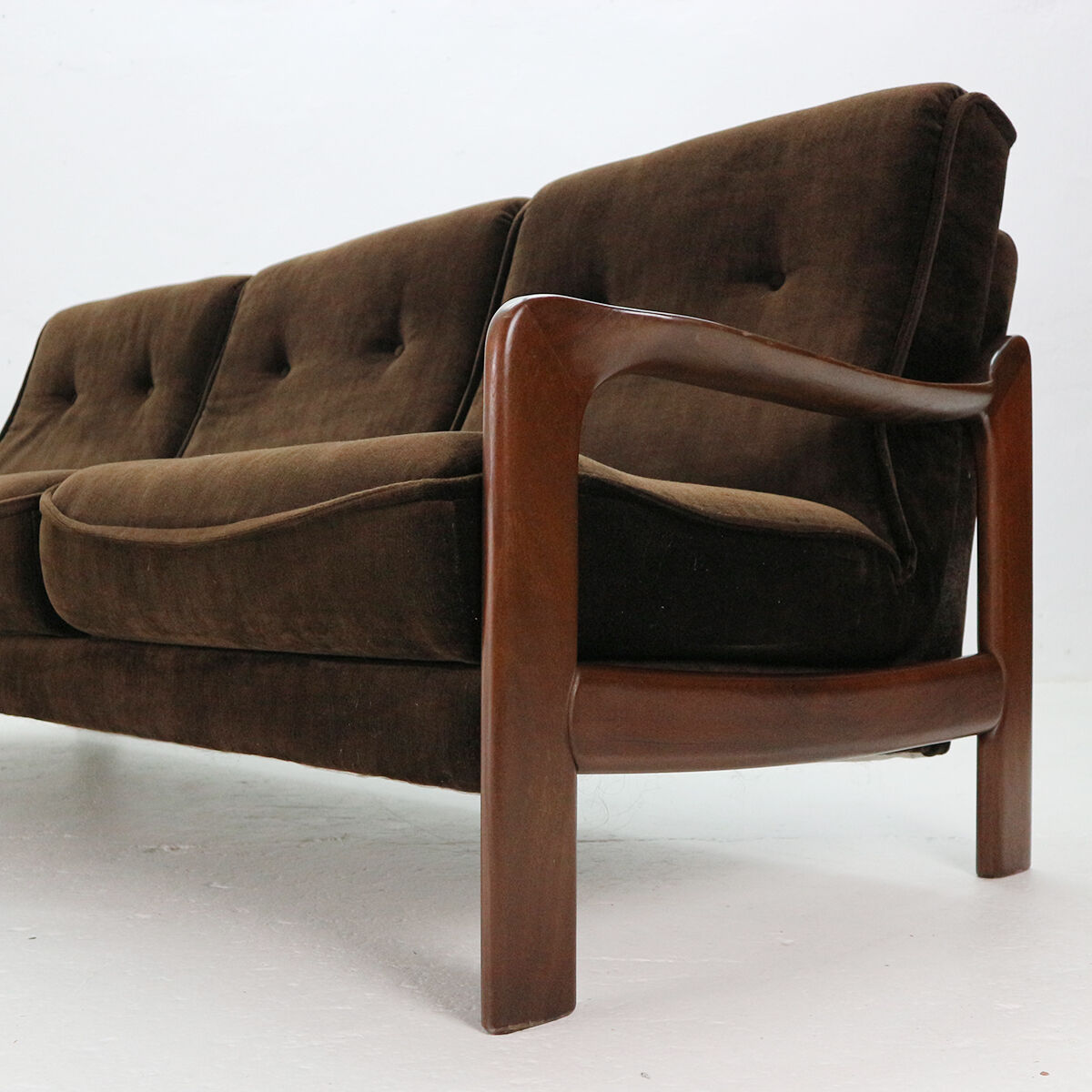 '70s teak sofa with brown velvet covers