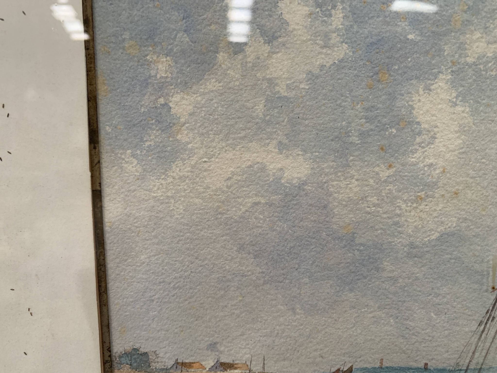 Marine watercolor "Sailboat at sea and stranded on the beach" 20th century