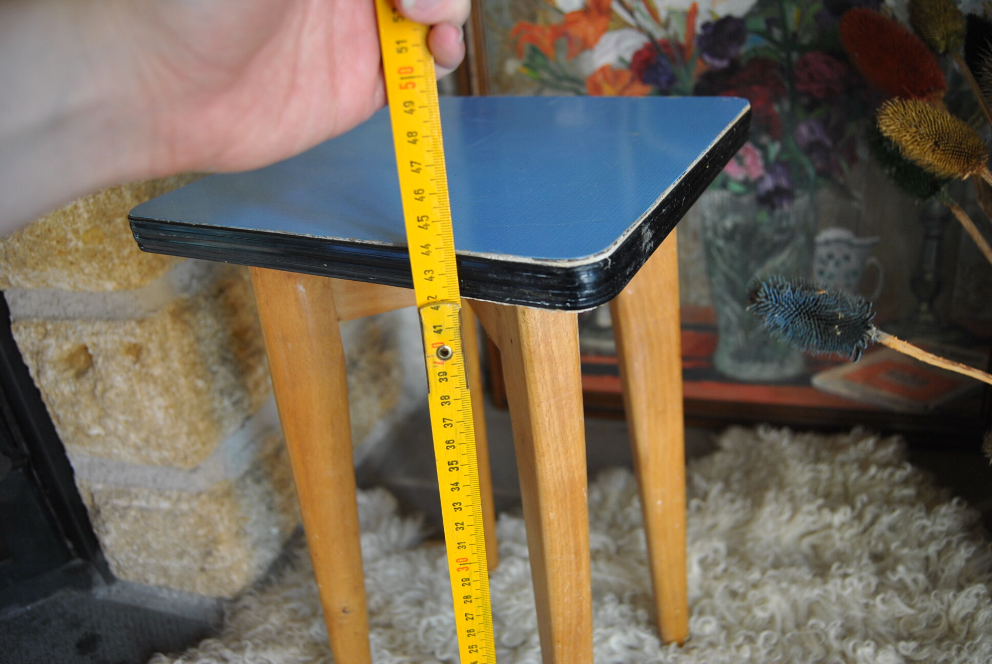 Wooden stool and blue formica - 50s/60s